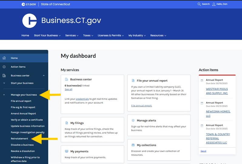 Screenshot of business dashboard with arrows pointing to maintenance and reinstatement