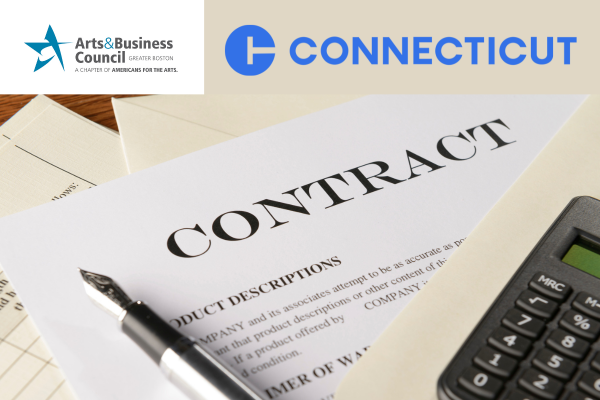 Graphic with logos and an image of a contract, pen, and calculator. 