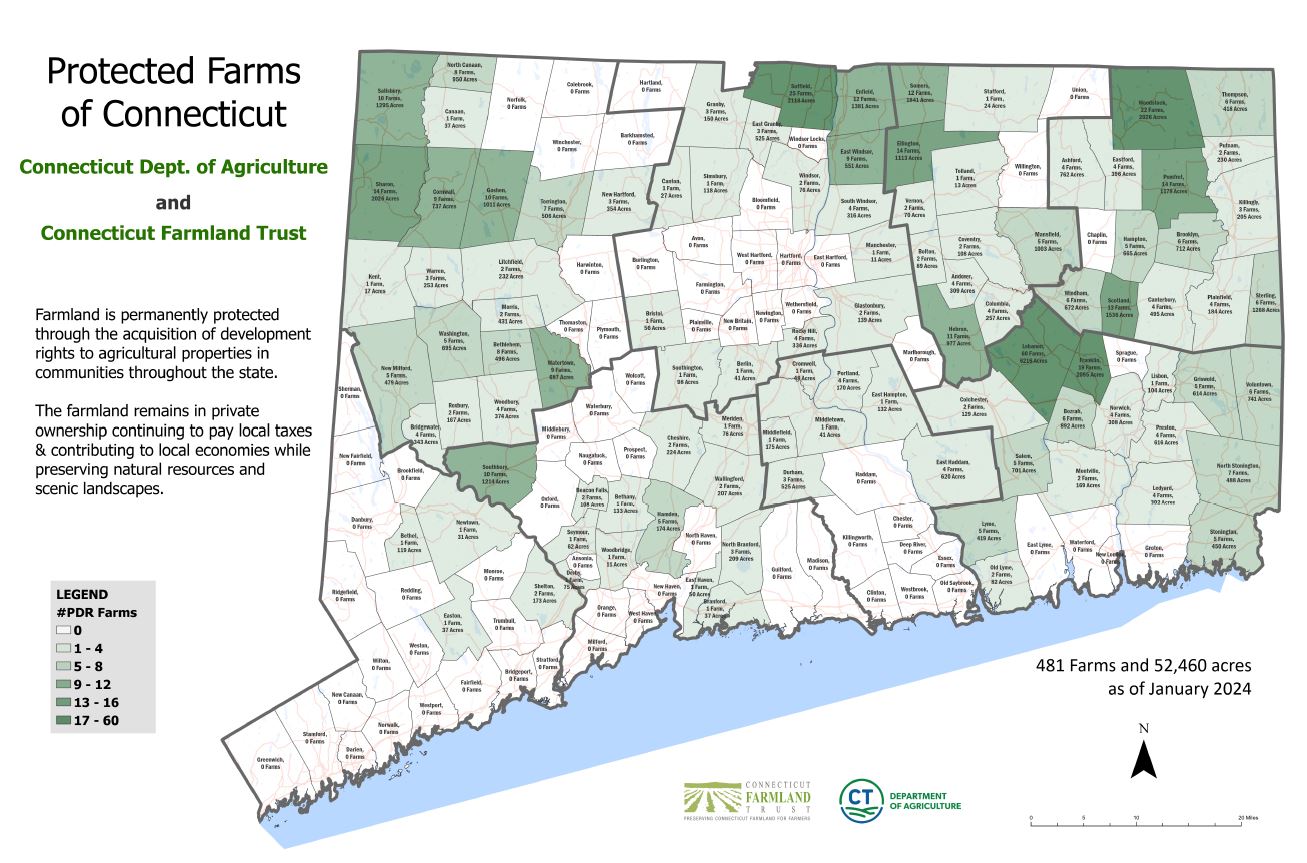 Map titled “Protected Farms of Connecticut” showing towns with protected farmland highlighted and indicating 481 farms totaling 52,460 acres as of January 2024.